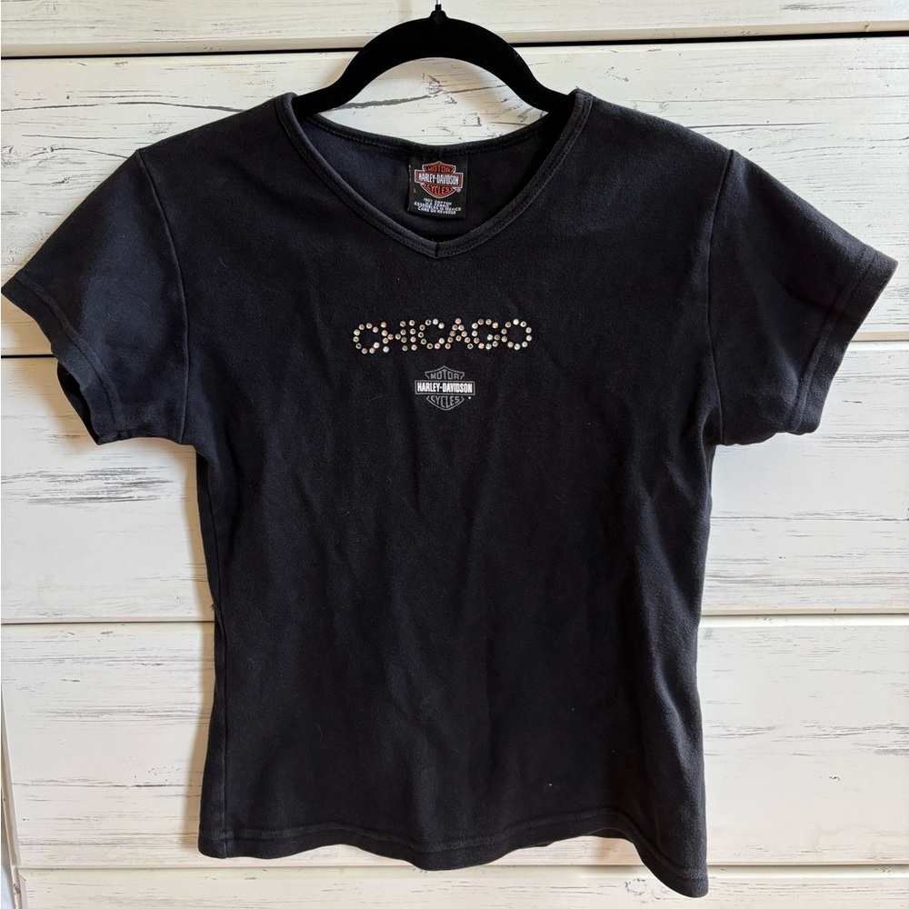 Large Vintage Y2K Harley-Davidson Black Baby Tee with Rhinestone Chicago Design